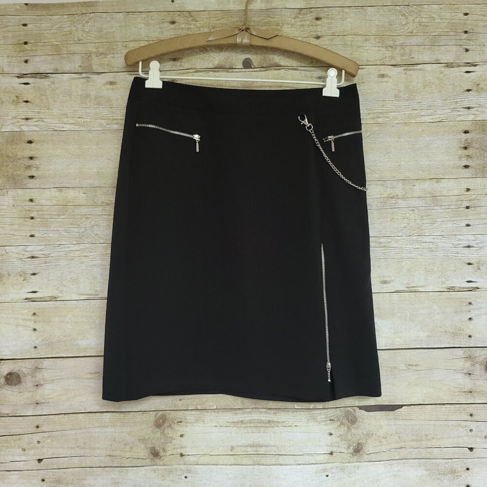Black Pencil Skirt Dalia Size 8 with Zipper and Chain Accents